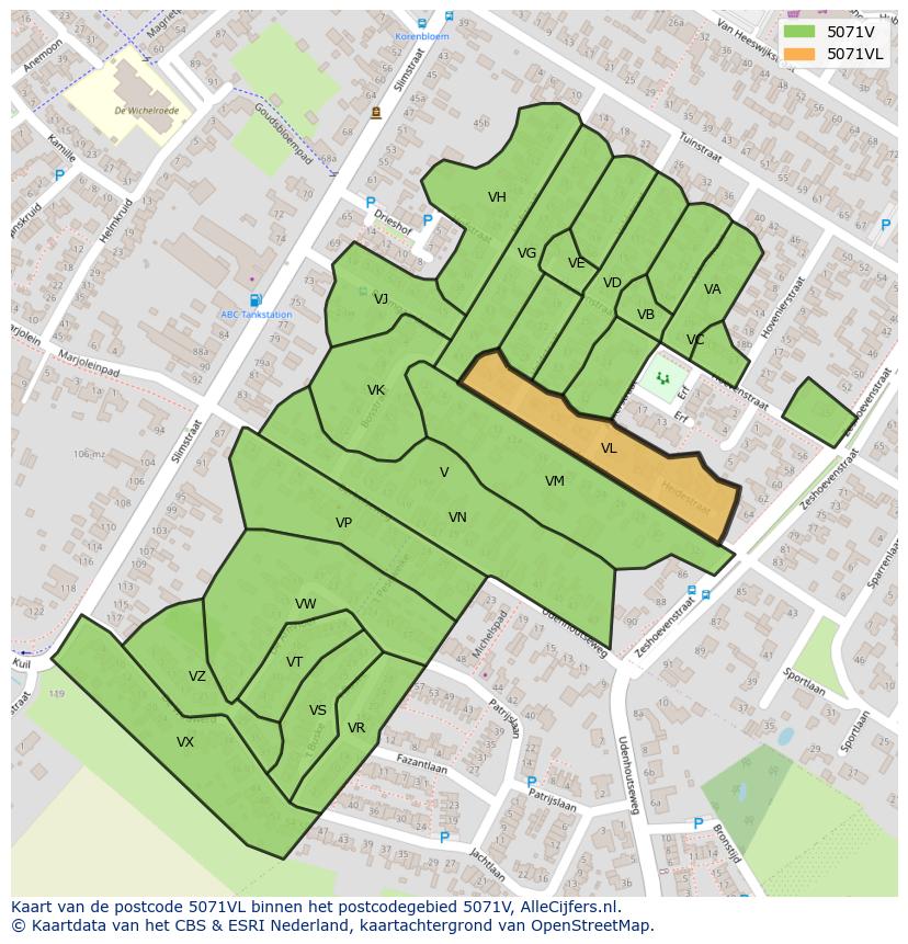 Afbeelding van het postcodegebied 5071 VL op de kaart.