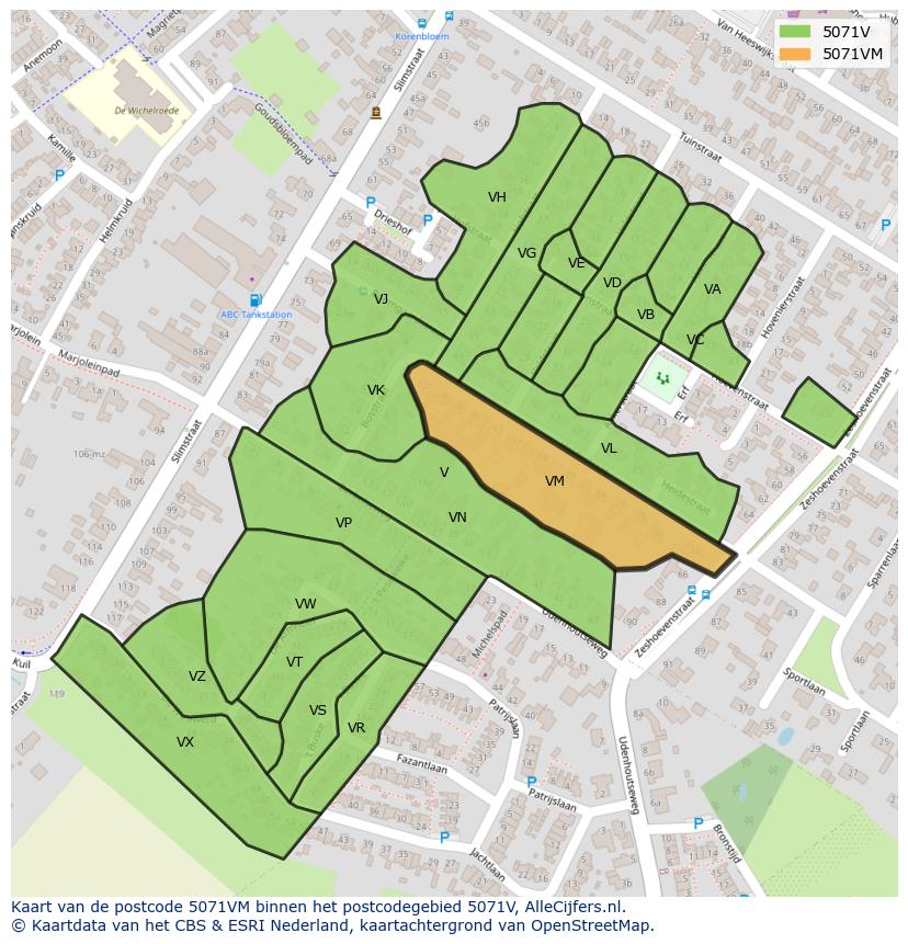 Afbeelding van het postcodegebied 5071 VM op de kaart.