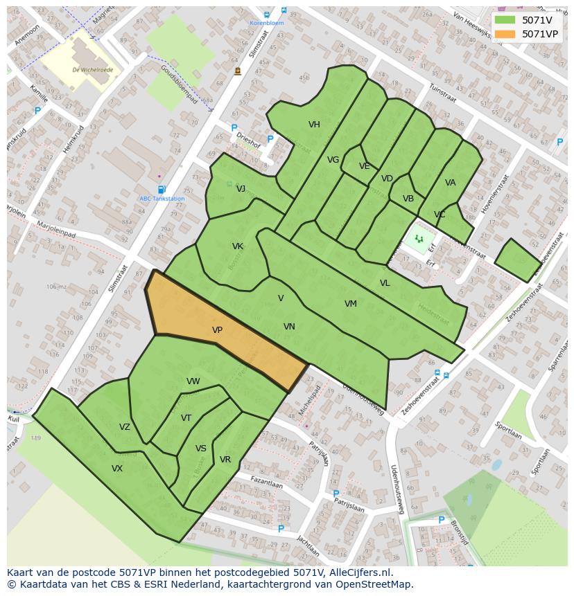 Afbeelding van het postcodegebied 5071 VP op de kaart.