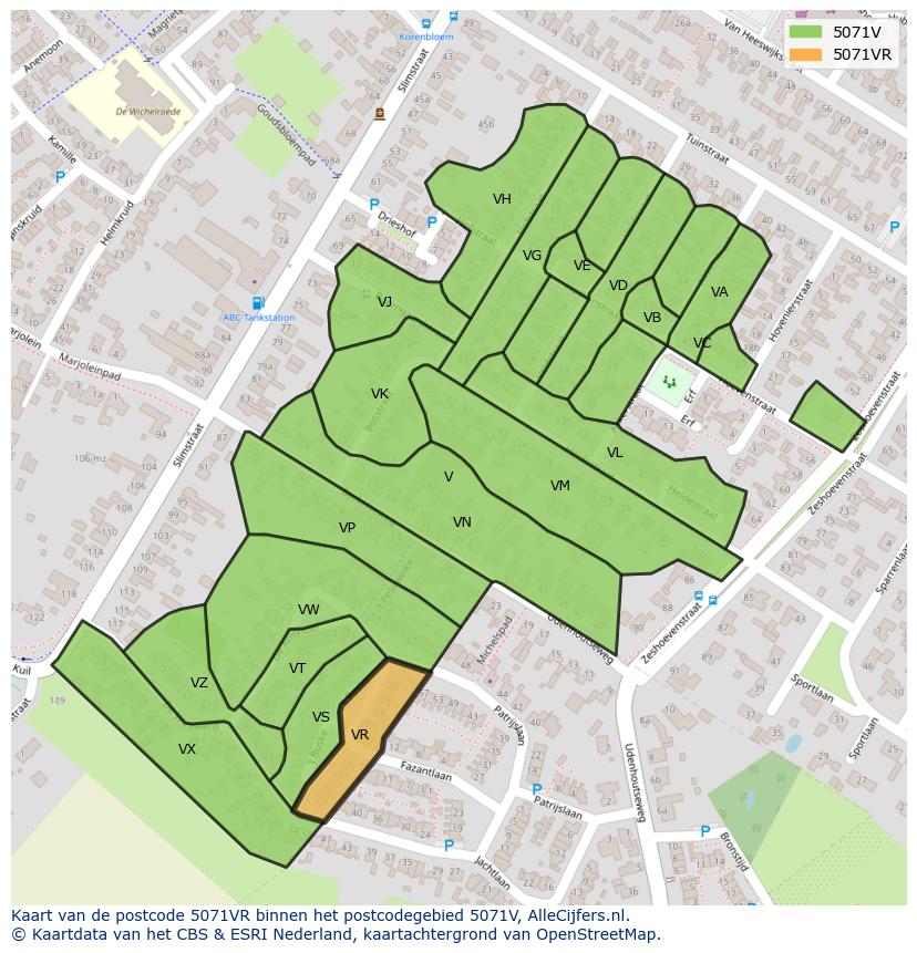 Afbeelding van het postcodegebied 5071 VR op de kaart.