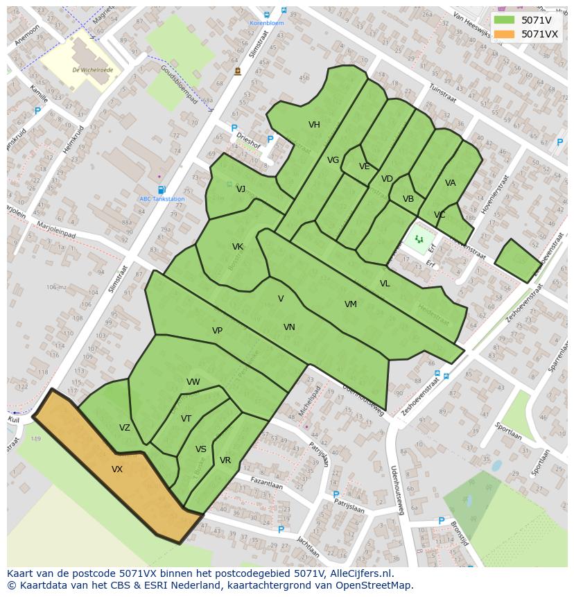 Afbeelding van het postcodegebied 5071 VX op de kaart.