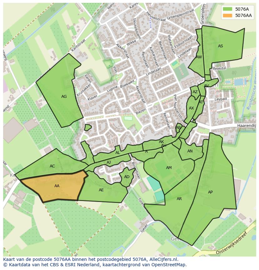 Afbeelding van het postcodegebied 5076 AA op de kaart.
