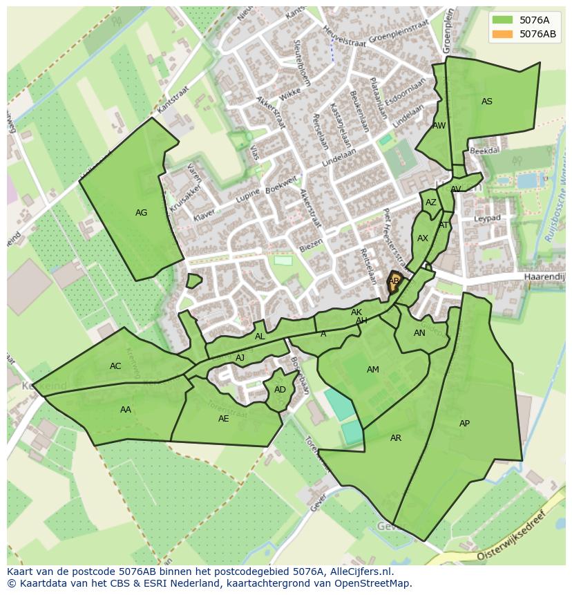 Afbeelding van het postcodegebied 5076 AB op de kaart.