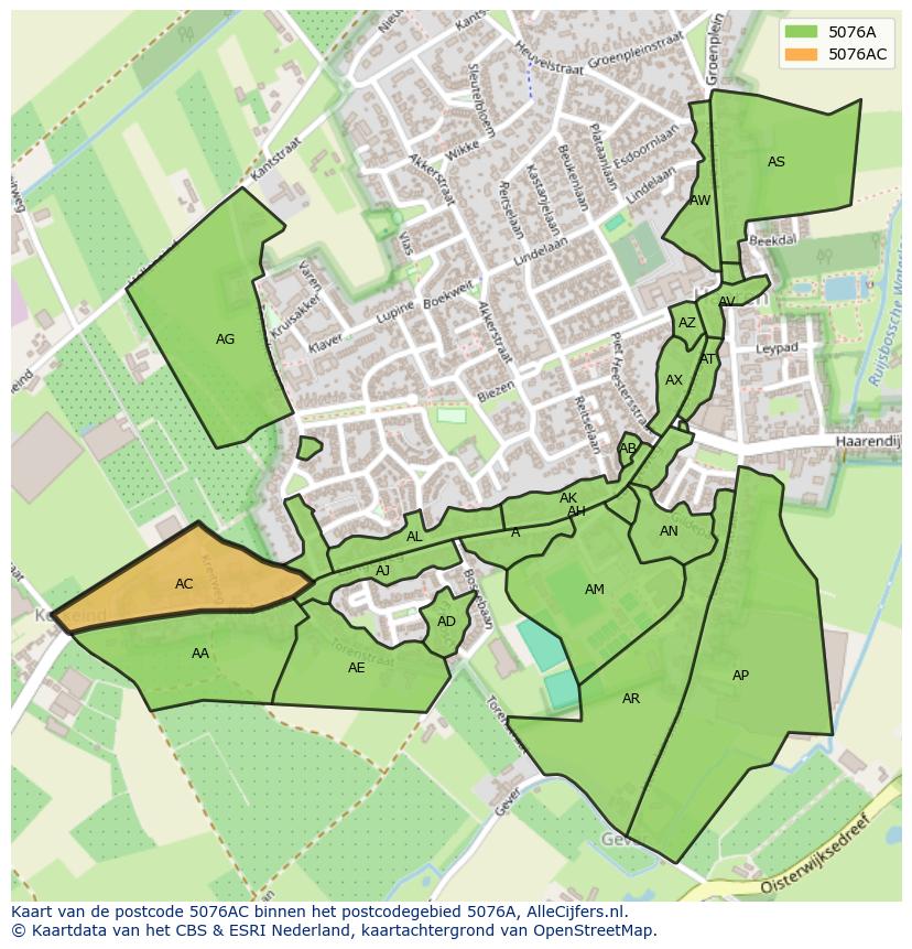 Afbeelding van het postcodegebied 5076 AC op de kaart.