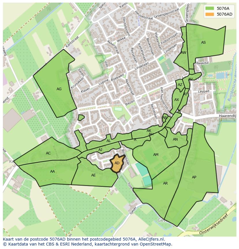 Afbeelding van het postcodegebied 5076 AD op de kaart.