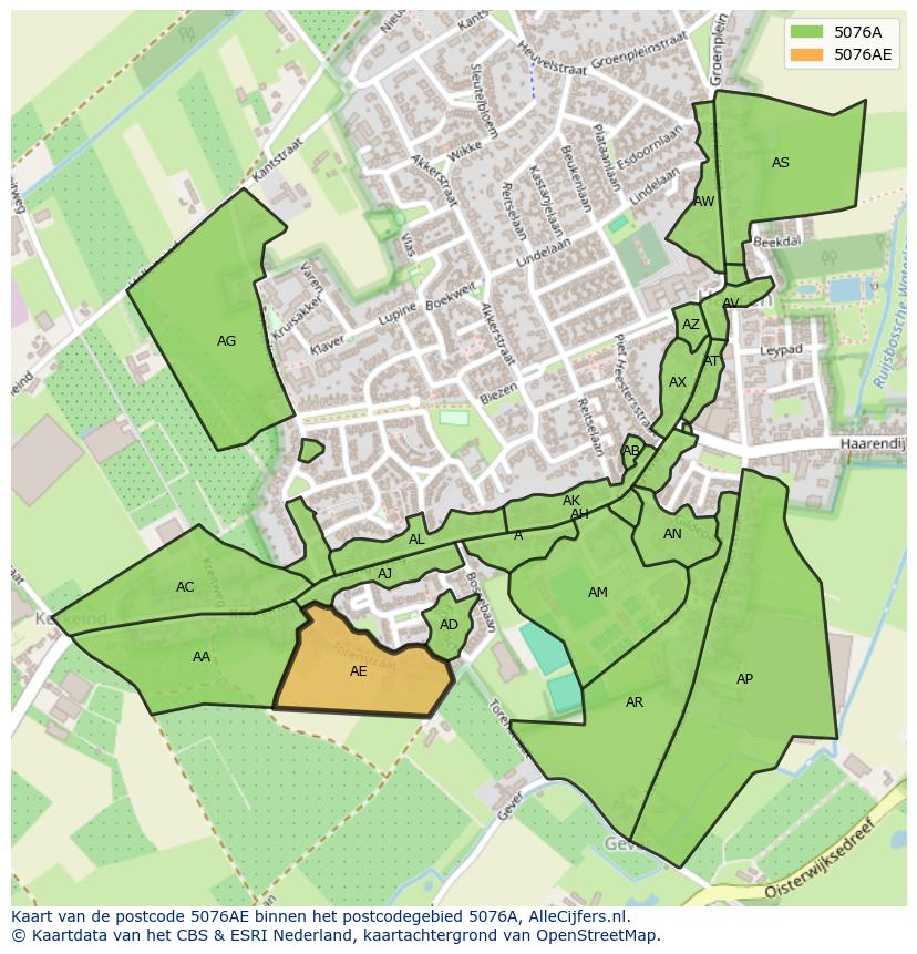 Afbeelding van het postcodegebied 5076 AE op de kaart.