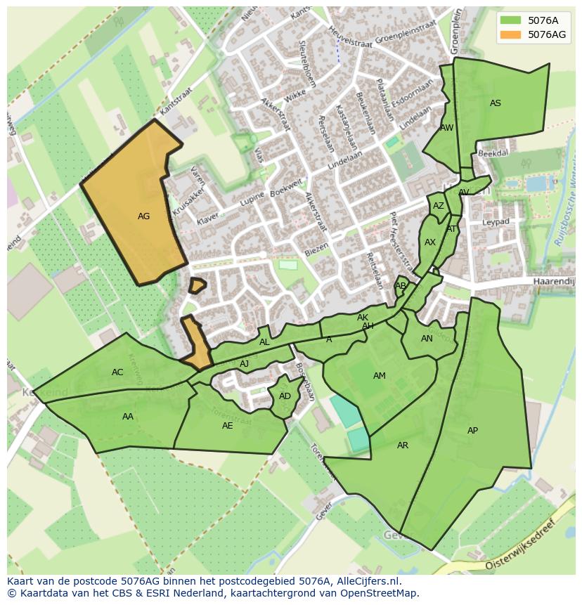Afbeelding van het postcodegebied 5076 AG op de kaart.