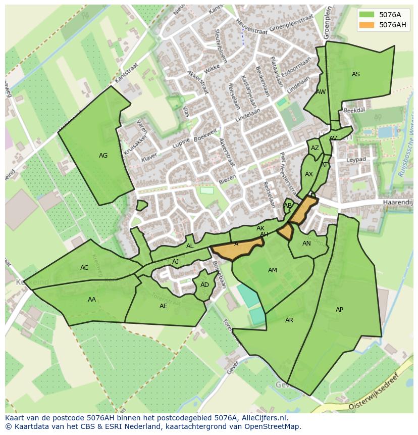 Afbeelding van het postcodegebied 5076 AH op de kaart.