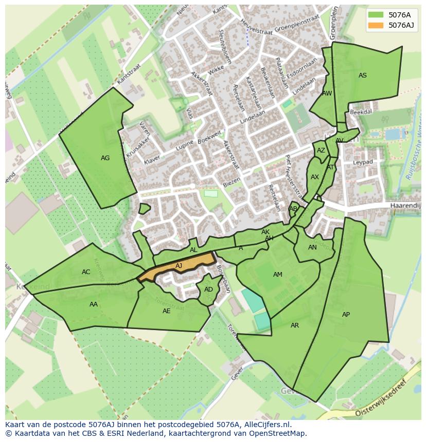Afbeelding van het postcodegebied 5076 AJ op de kaart.