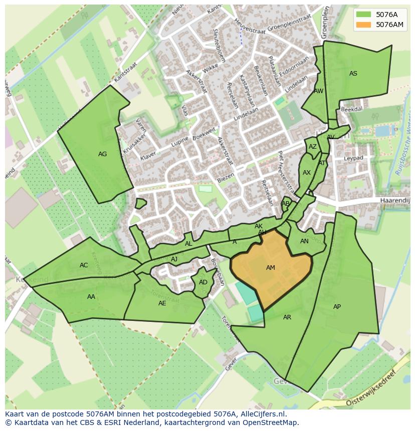 Afbeelding van het postcodegebied 5076 AM op de kaart.