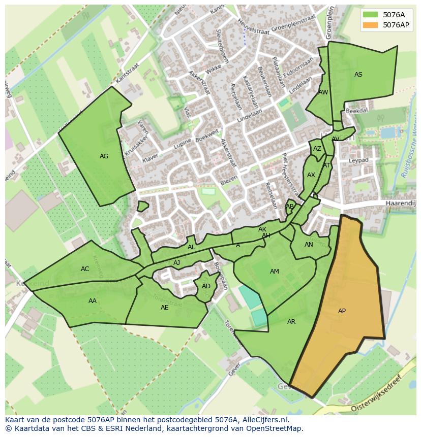 Afbeelding van het postcodegebied 5076 AP op de kaart.
