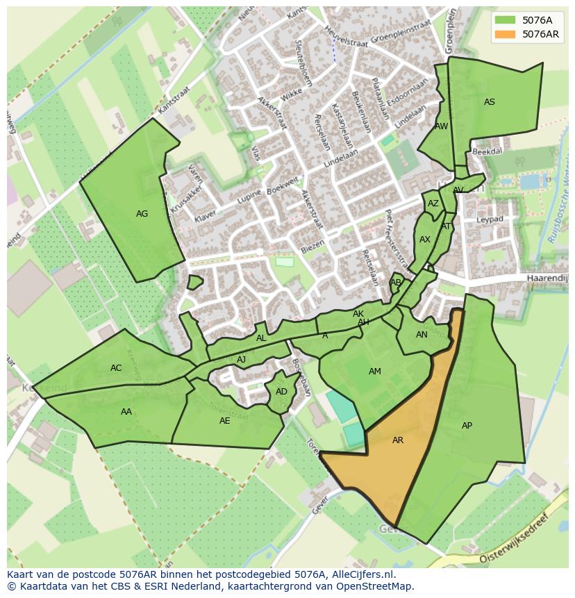 Afbeelding van het postcodegebied 5076 AR op de kaart.