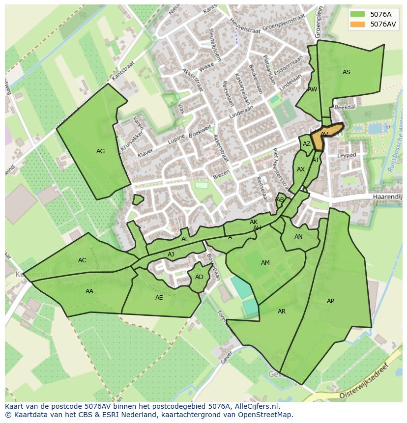 Afbeelding van het postcodegebied 5076 AV op de kaart.