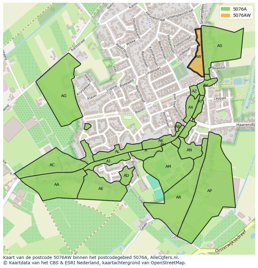 Afbeelding van het postcodegebied 5076 AW op de kaart.
