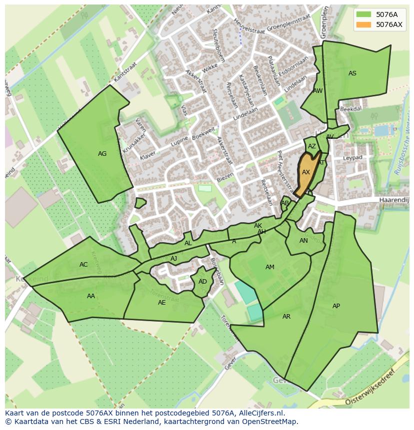 Afbeelding van het postcodegebied 5076 AX op de kaart.