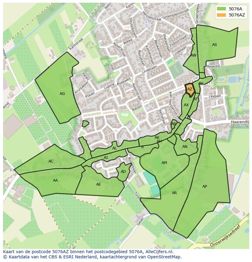 Afbeelding van het postcodegebied 5076 AZ op de kaart.