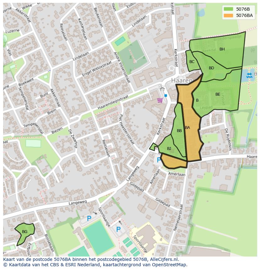 Afbeelding van het postcodegebied 5076 BA op de kaart.