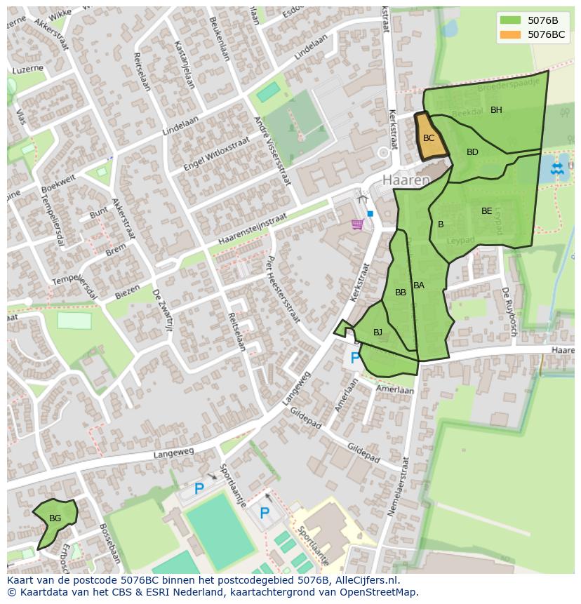 Afbeelding van het postcodegebied 5076 BC op de kaart.