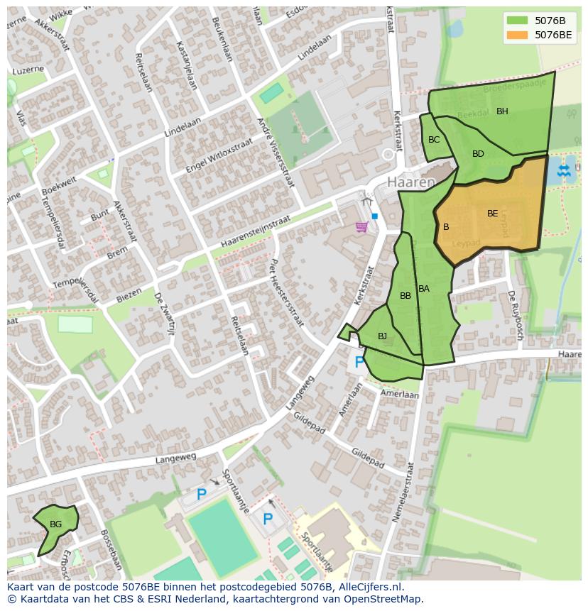Afbeelding van het postcodegebied 5076 BE op de kaart.