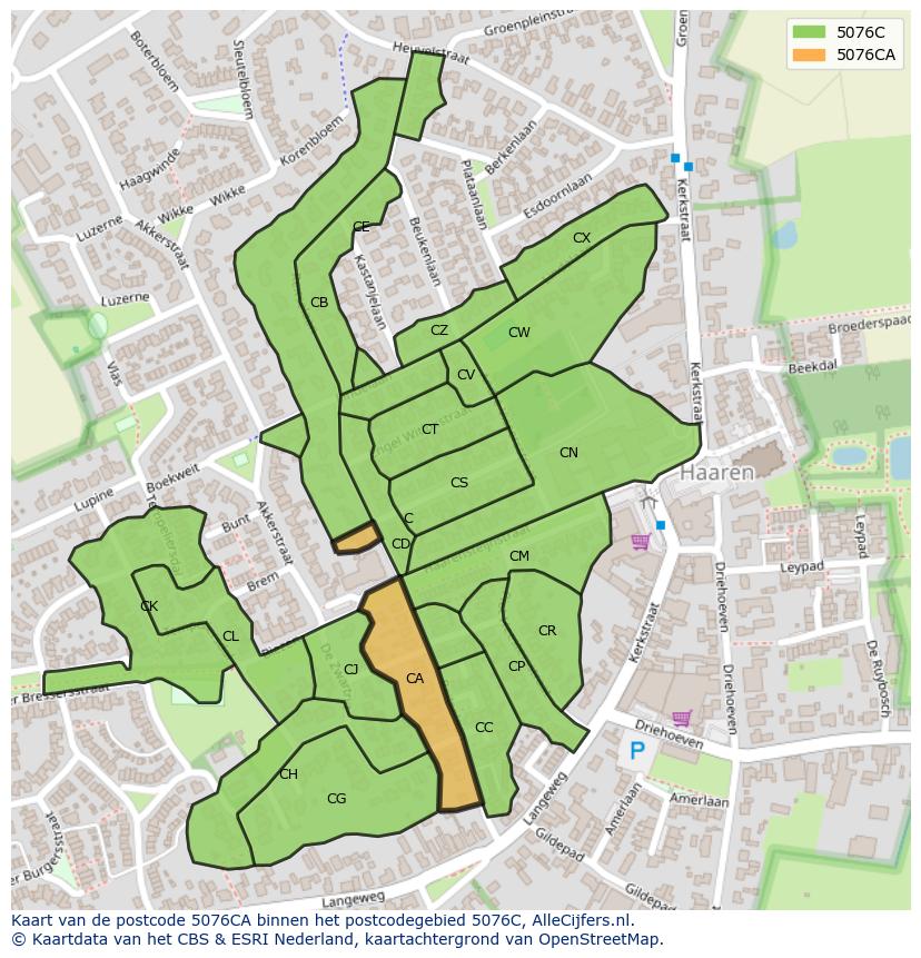 Afbeelding van het postcodegebied 5076 CA op de kaart.