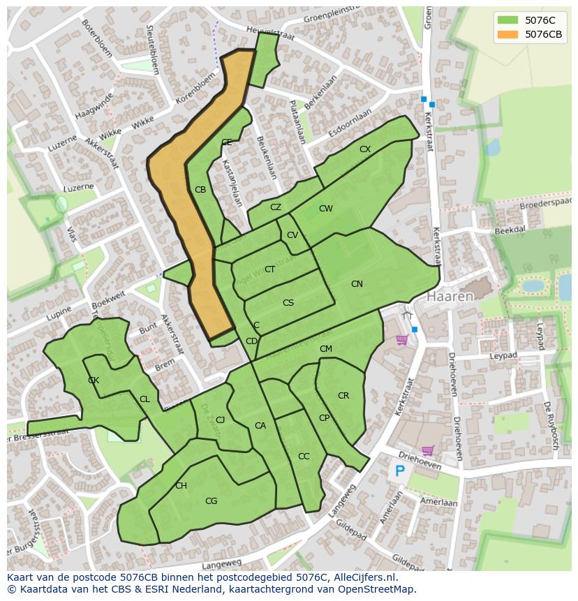 Afbeelding van het postcodegebied 5076 CB op de kaart.