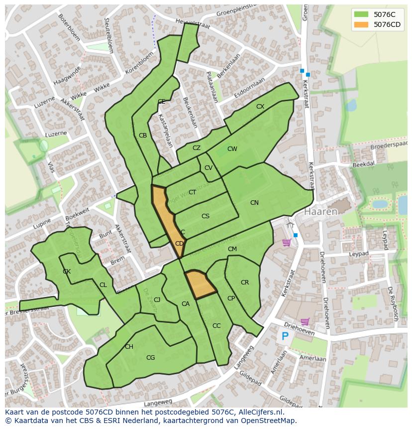 Afbeelding van het postcodegebied 5076 CD op de kaart.