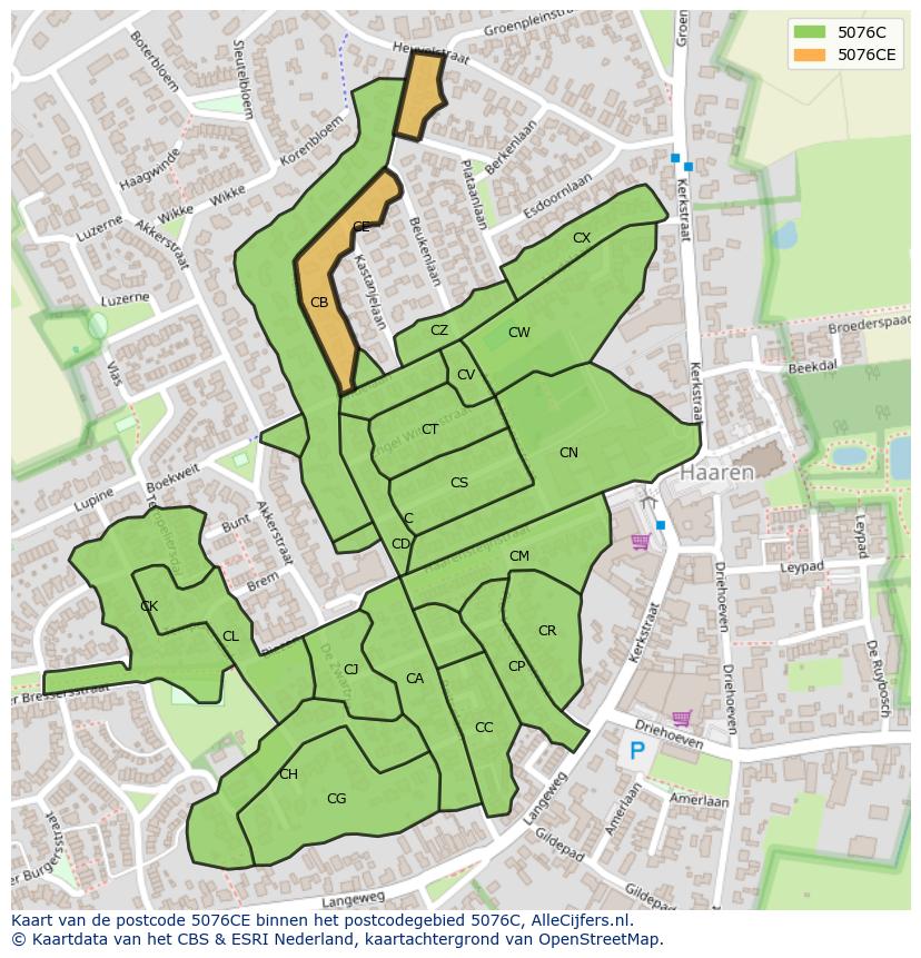 Afbeelding van het postcodegebied 5076 CE op de kaart.