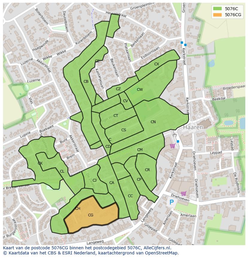 Afbeelding van het postcodegebied 5076 CG op de kaart.