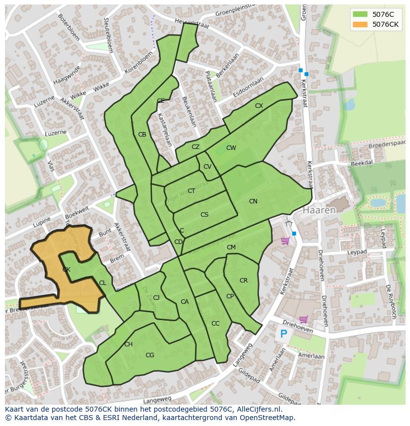 Afbeelding van het postcodegebied 5076 CK op de kaart.