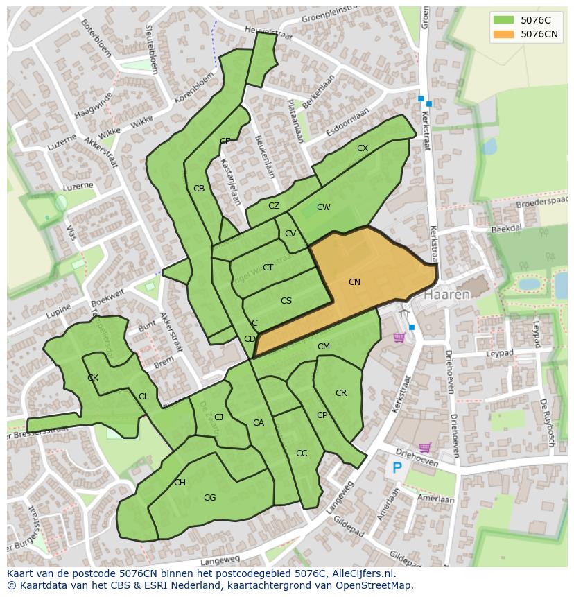 Afbeelding van het postcodegebied 5076 CN op de kaart.
