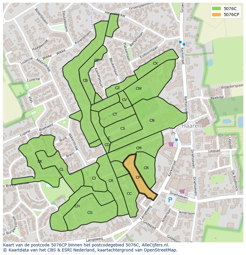 Afbeelding van het postcodegebied 5076 CP op de kaart.