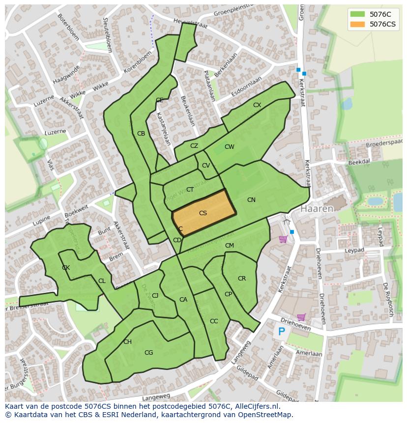 Afbeelding van het postcodegebied 5076 CS op de kaart.
