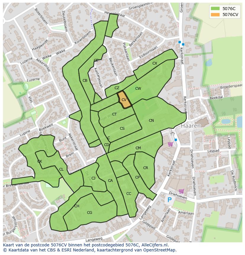 Afbeelding van het postcodegebied 5076 CV op de kaart.