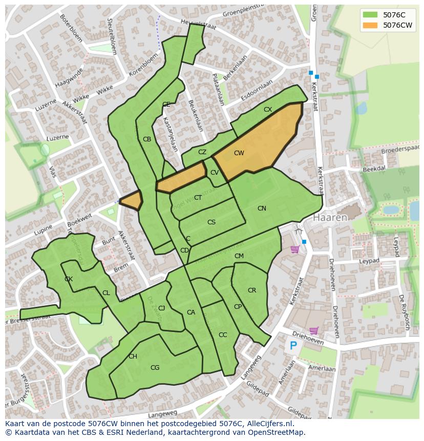 Afbeelding van het postcodegebied 5076 CW op de kaart.