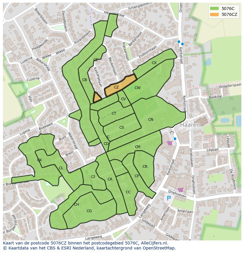 Afbeelding van het postcodegebied 5076 CZ op de kaart.