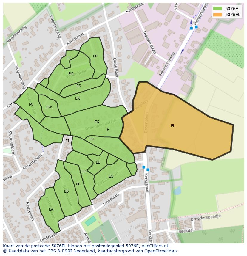 Afbeelding van het postcodegebied 5076 EL op de kaart.