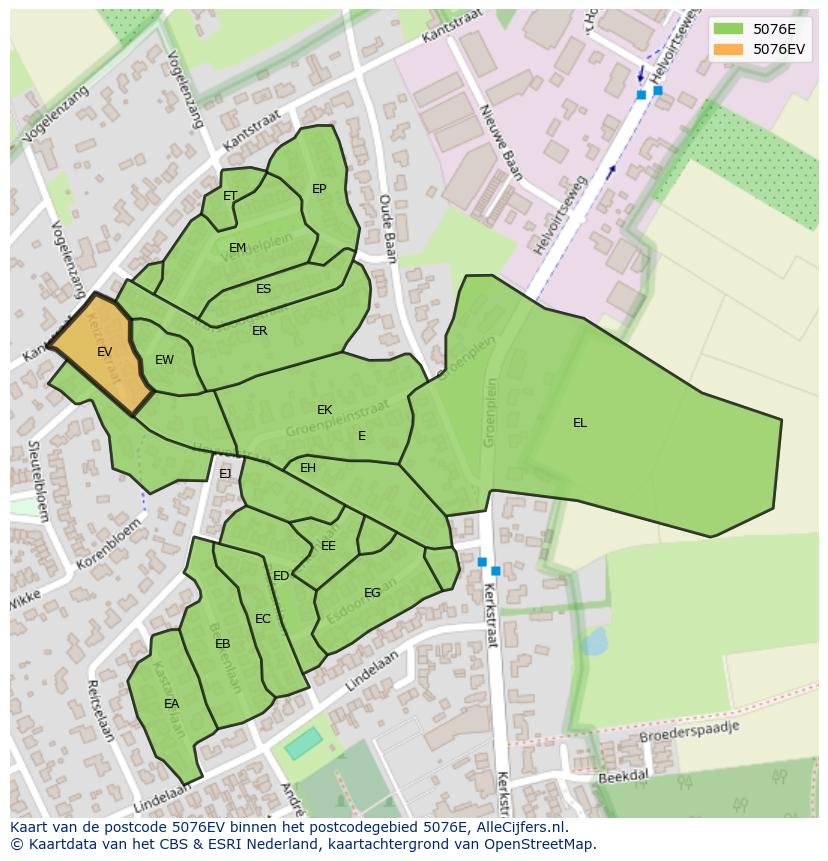 Afbeelding van het postcodegebied 5076 EV op de kaart.