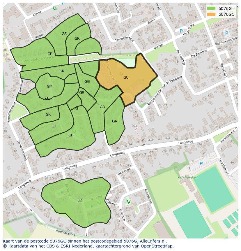 Afbeelding van het postcodegebied 5076 GC op de kaart.
