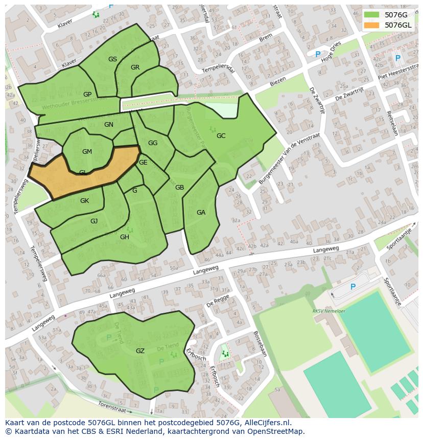 Afbeelding van het postcodegebied 5076 GL op de kaart.