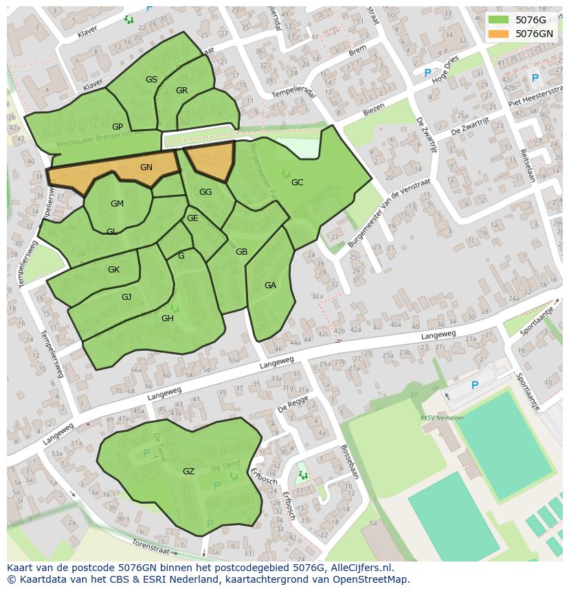 Afbeelding van het postcodegebied 5076 GN op de kaart.