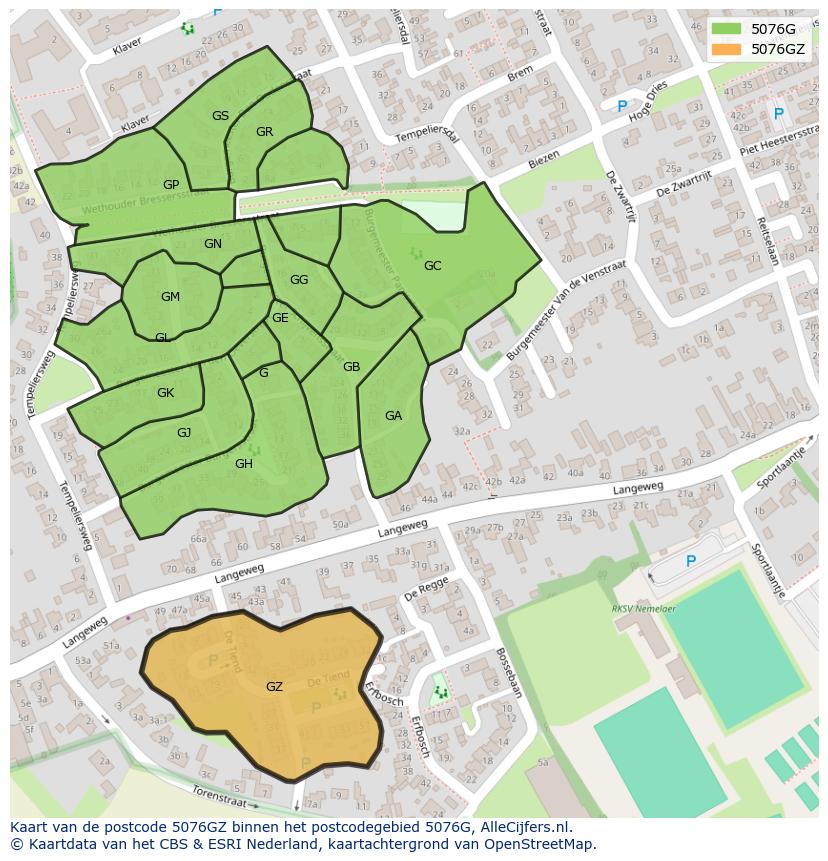 Afbeelding van het postcodegebied 5076 GZ op de kaart.