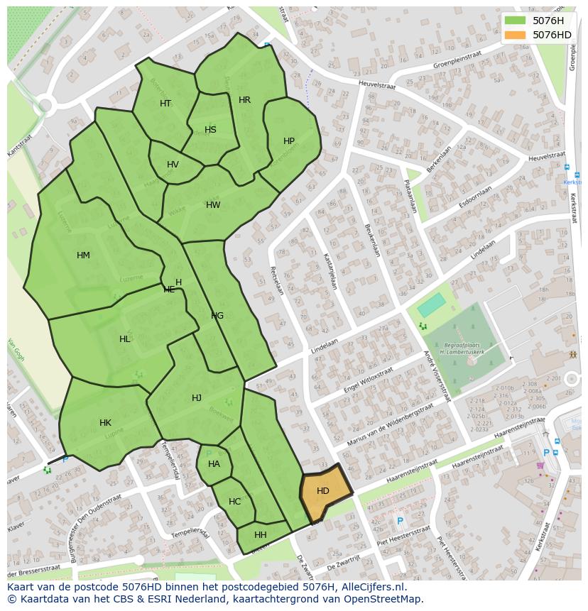 Afbeelding van het postcodegebied 5076 HD op de kaart.