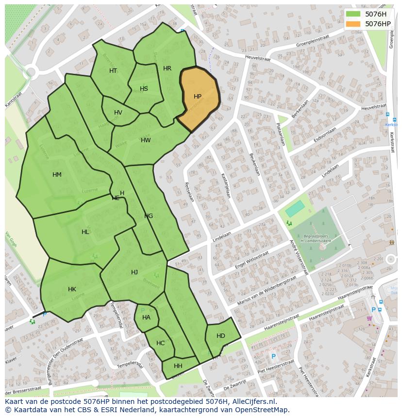 Afbeelding van het postcodegebied 5076 HP op de kaart.