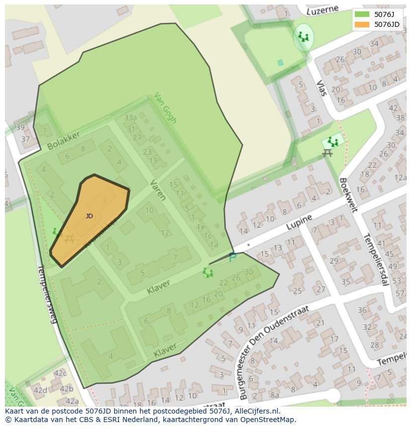 Afbeelding van het postcodegebied 5076 JD op de kaart.