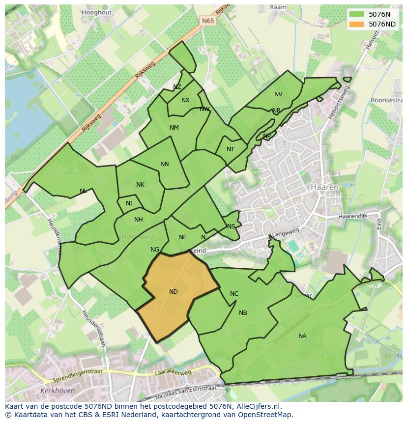 Afbeelding van het postcodegebied 5076 ND op de kaart.