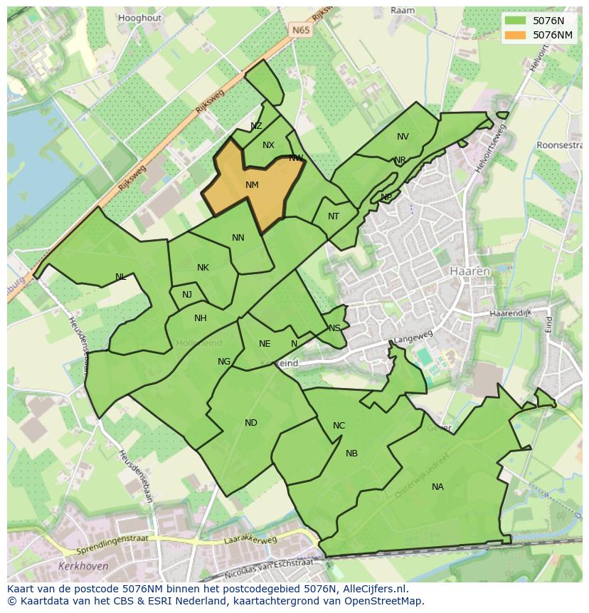 Afbeelding van het postcodegebied 5076 NM op de kaart.