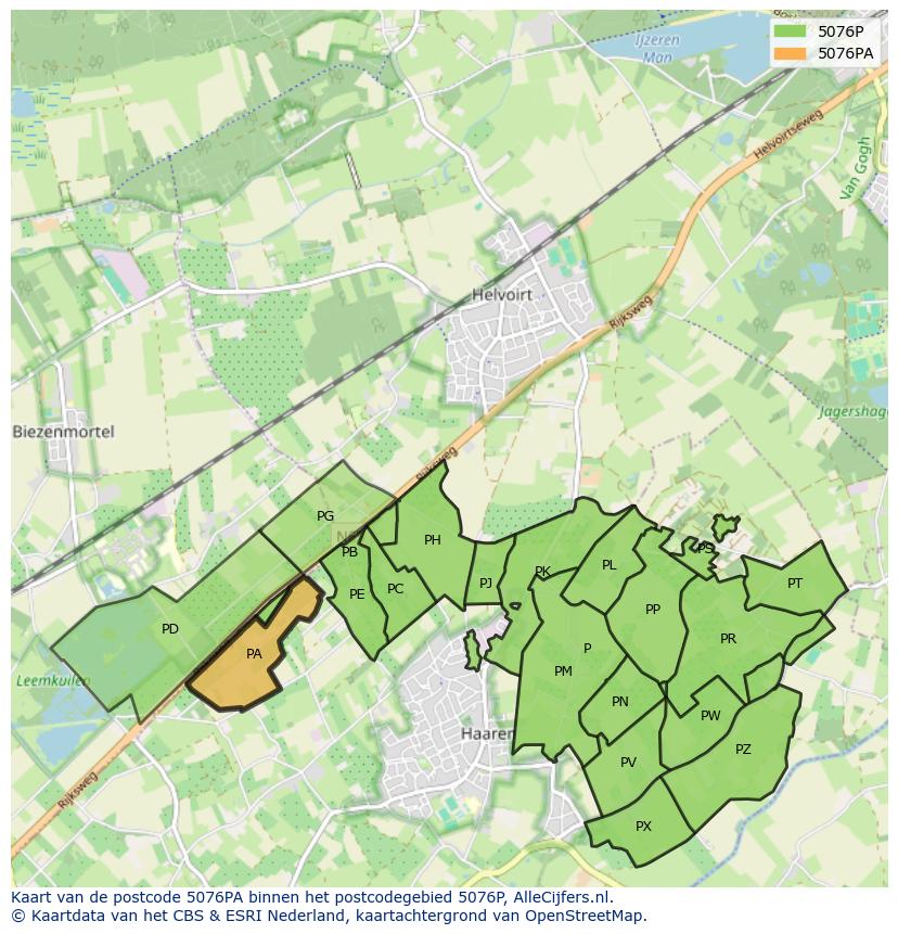 Afbeelding van het postcodegebied 5076 PA op de kaart.