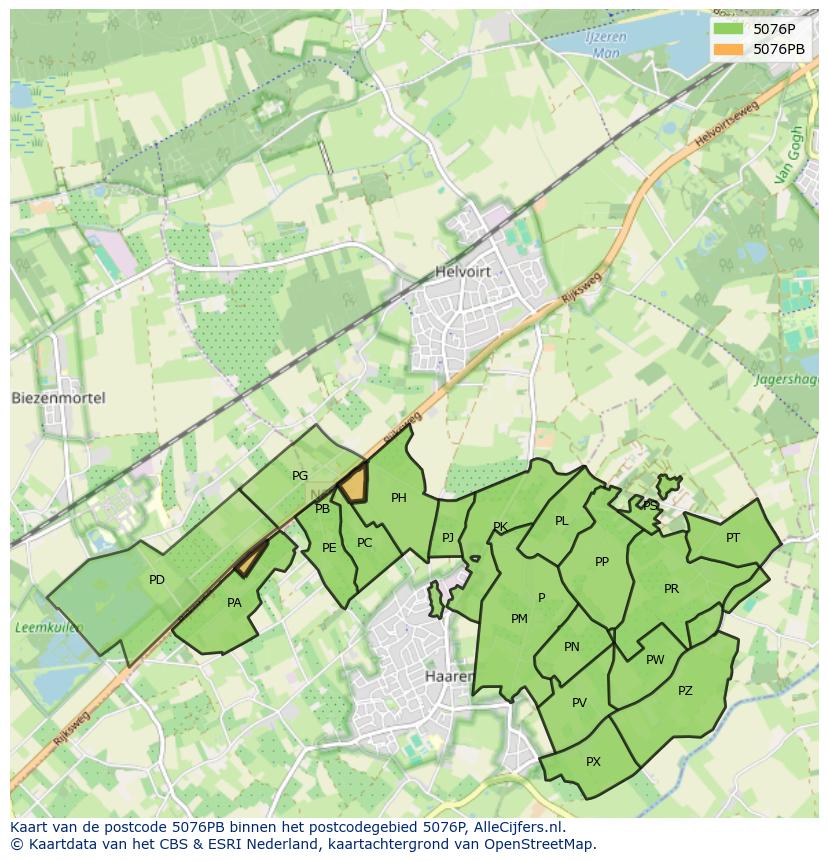Afbeelding van het postcodegebied 5076 PB op de kaart.
