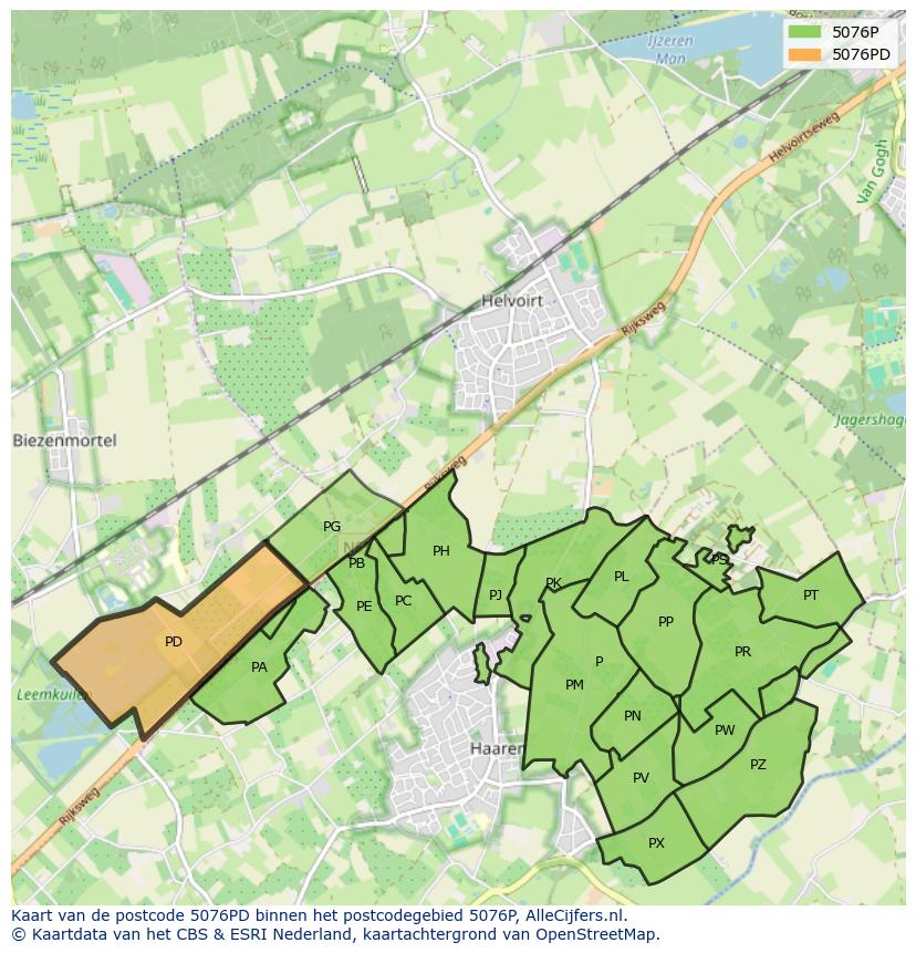Afbeelding van het postcodegebied 5076 PD op de kaart.