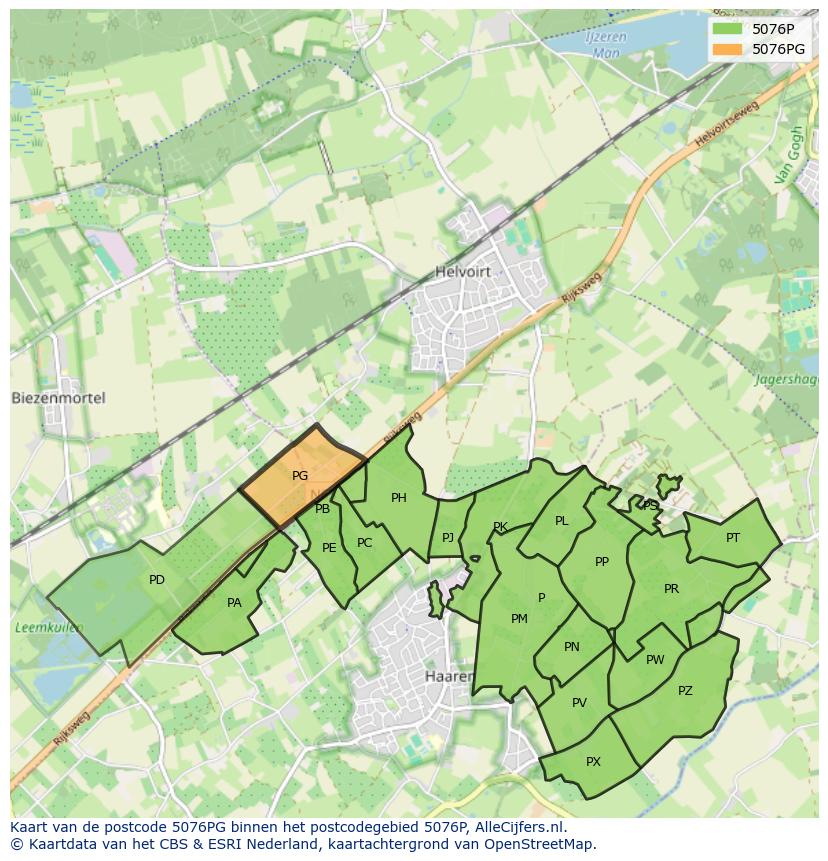 Afbeelding van het postcodegebied 5076 PG op de kaart.